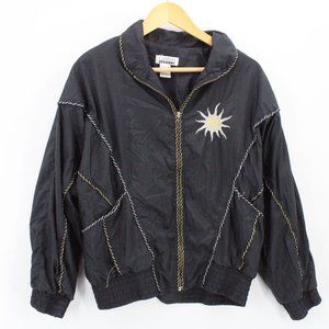Vintage LAVON Windbreaker Jacket Womens Petite Black Full Zip Sun Embroidered PM